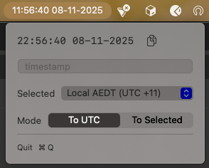 UTC Converter menu bar popup showing live UTC time, timezone selector, and conversion interface