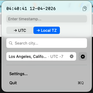 UTC Converter city search showing Los Angeles selected with UTC-7 offset